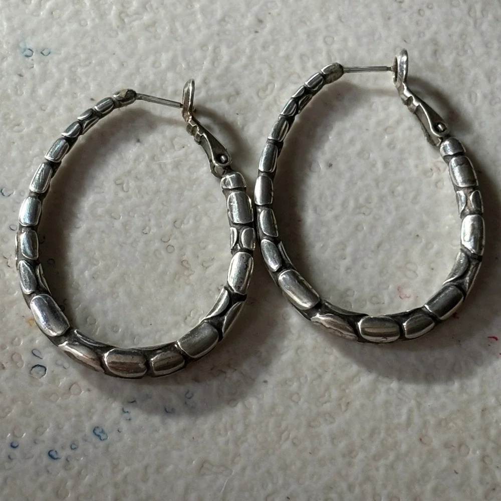 Vintage 925 Silver Textured Pebble Link Oval Hoop Earrings